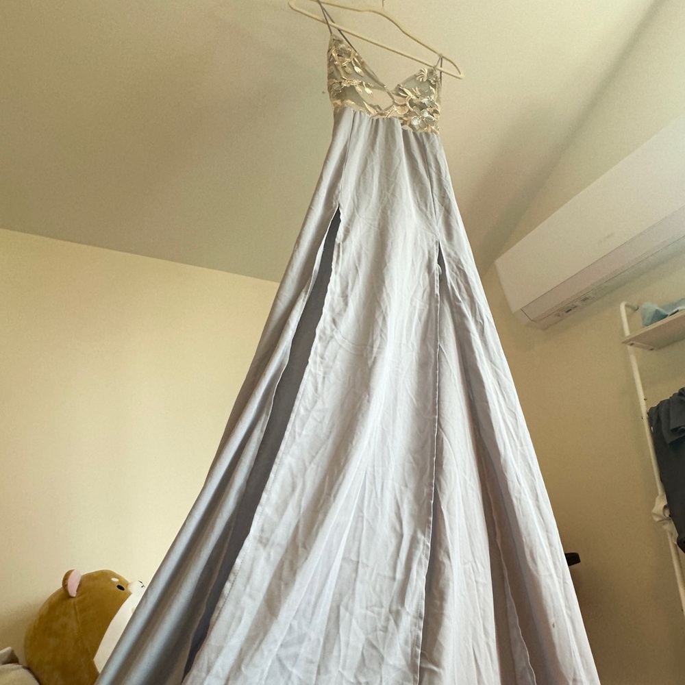 Lucy In The Sky: High Double Slit Lace Floor Length Gown